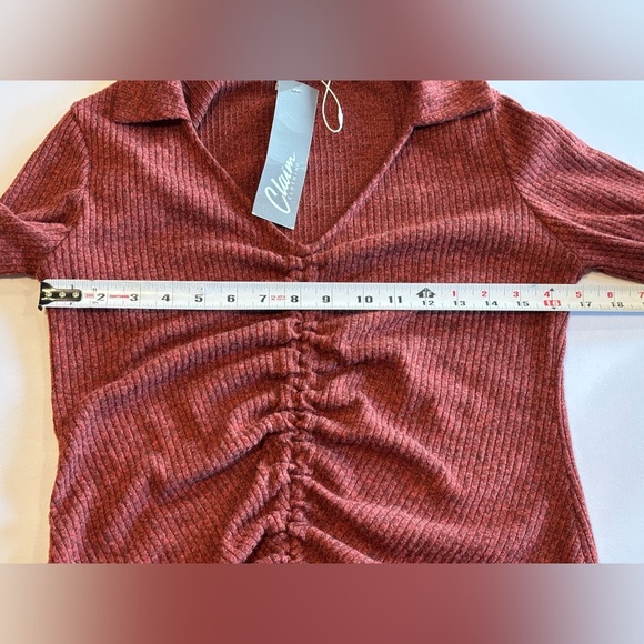 GILLI Women’s Collared Long Sleeve Brown Top with Gathered Front Detail Small - Picture 6 of 9